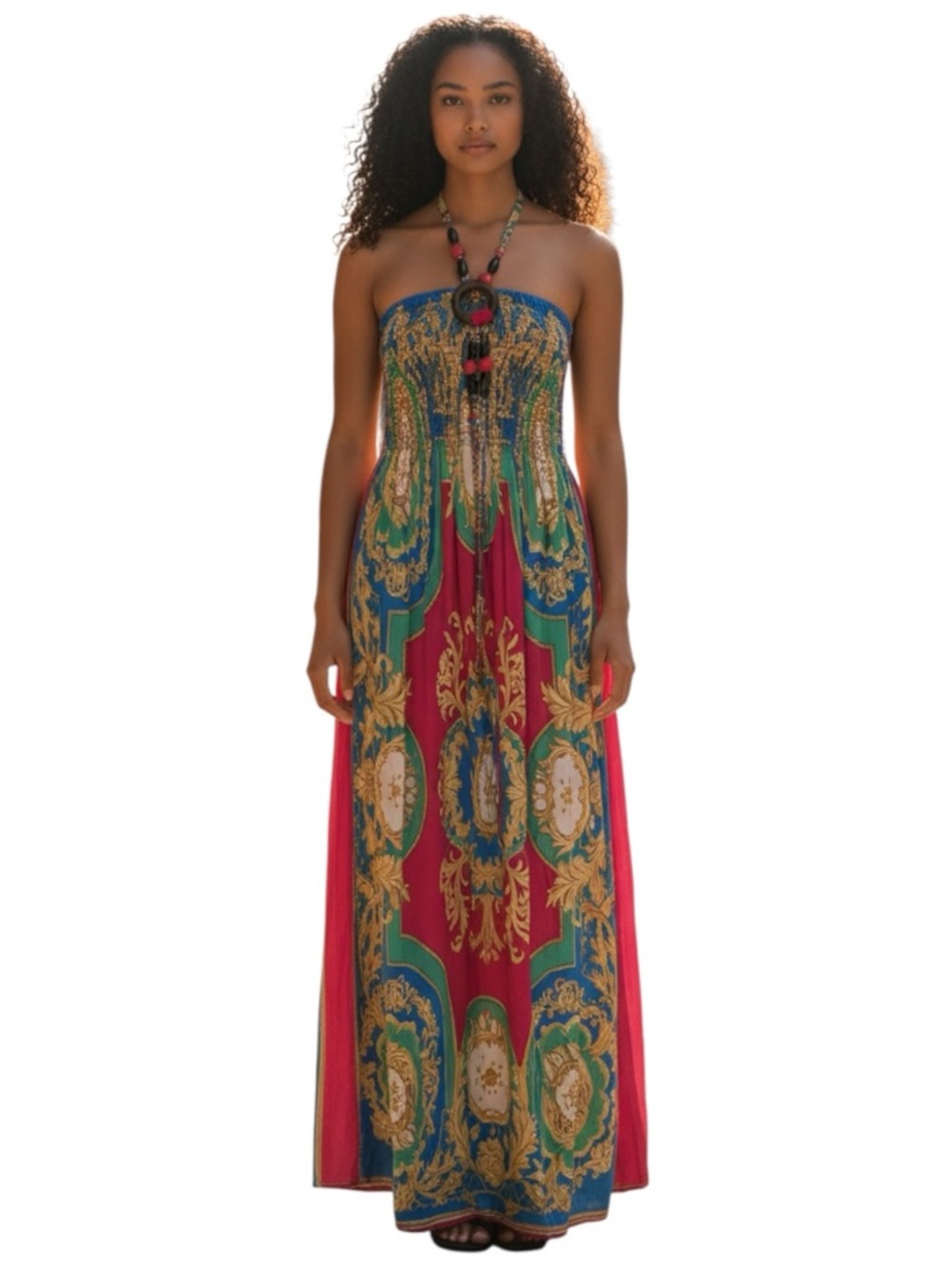 Magic Boho Strapless Halter Maxi Dress in Red, Green, Blue Gold Motif Size M